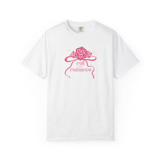 Roll Romance T-Shirt — Pink D20 RPG Tee for Gamers